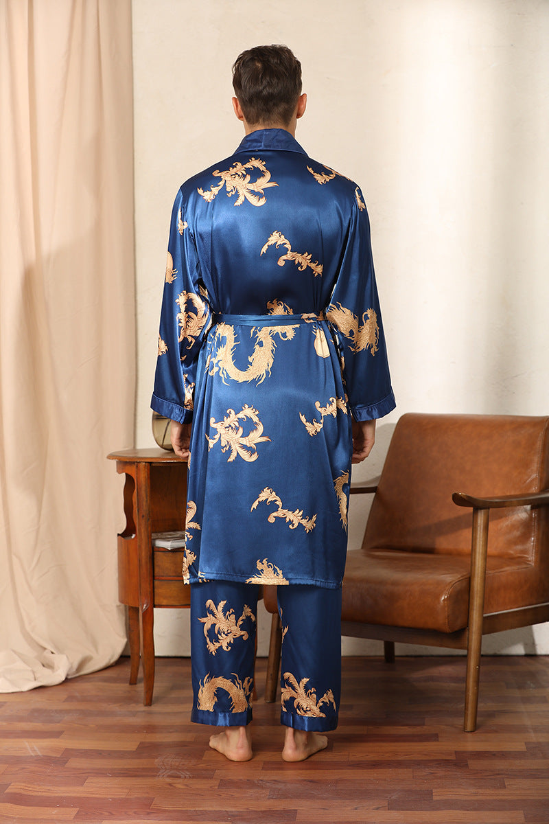 Luxury Silk Robe Pants -  Pajama Set Two-piece Imitate Silk Long-sleeved Pajamas Large Size Bathrobes Robe Sets For Men Clothing