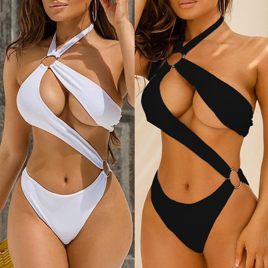 Sexy One-piece Three-color Hollow Metal Ring Strap Bikini Swimsuit