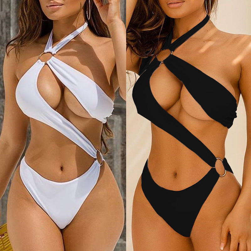 Sexy One-piece Three-color Hollow Metal Ring Strap Bikini Swimsuit