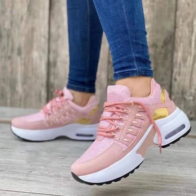 Lace Up Sneakers for Women - Wedge Heel Running Sports Shoes