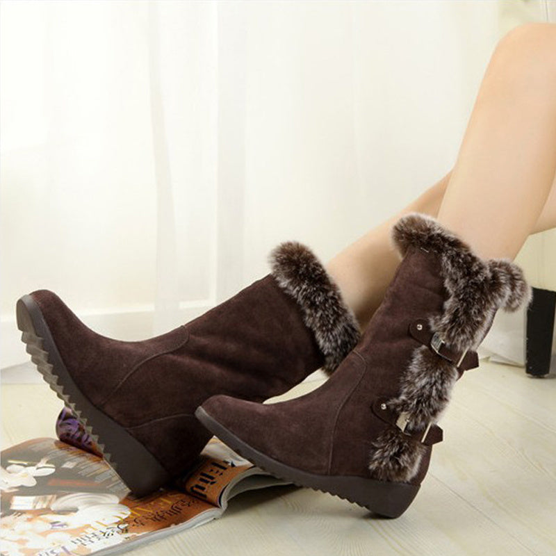 Brown New Winter Women Casual Warm Fur Mid-Calf Boots -  Women Slip-On Round Toe Flats, Snow Boots Shoes
