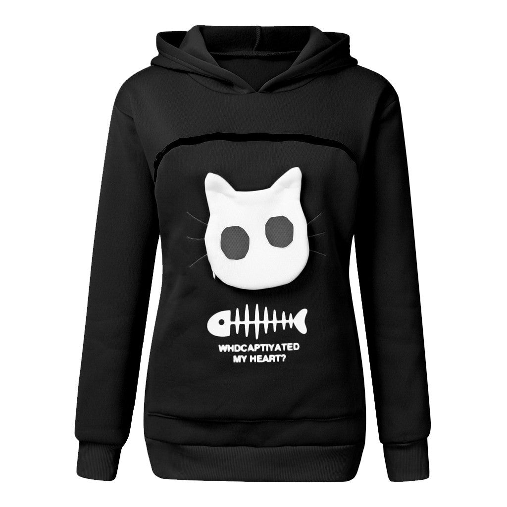 Women Hoodie Sweatshirt With Cat Pet Pocket Design - Long Sleeve Sweater Cat Outfit