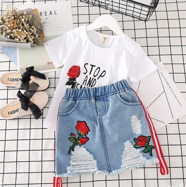 Kids White T-shirt Denim Skirt 2pcs Girls Suits
