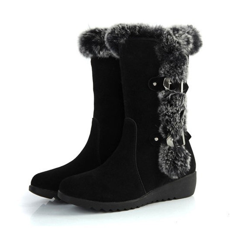 Brown New Winter Women Casual Warm Fur Mid-Calf Boots -  Women Slip-On Round Toe Flats, Snow Boots Shoes