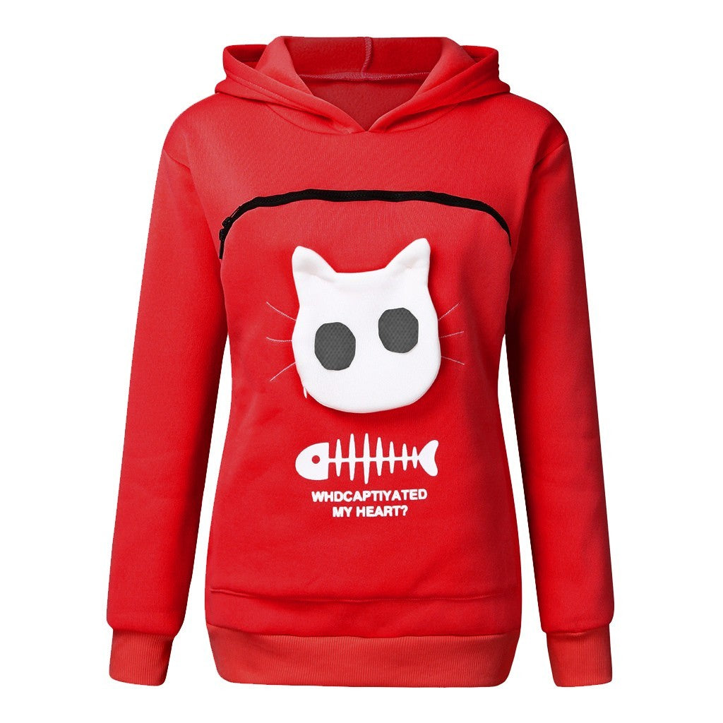 Women Hoodie Sweatshirt With Cat Pet Pocket Design - Long Sleeve Sweater Cat Outfit