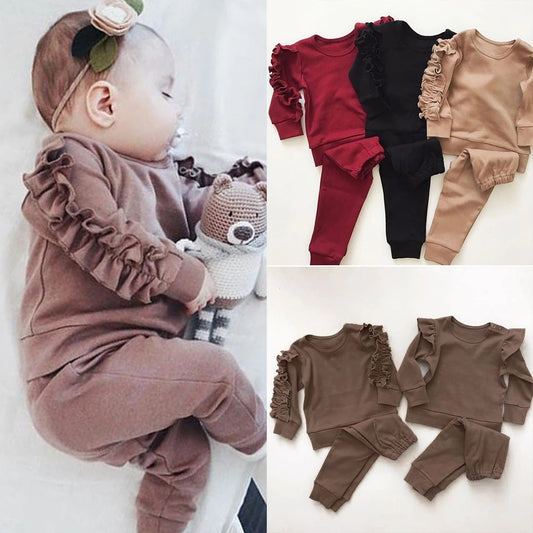 Adorable Ruffle Sleeve Baby Girl Outfit – Cozy & Stylish 2-Piece Set! Newborn Baby Boys Girls Ruffles Jumper Solid Long Sleeve Sweatshirt Tops Pants Infant Kids 2Pcs Outfits Clothes Set Fall Clothes - JumoShop