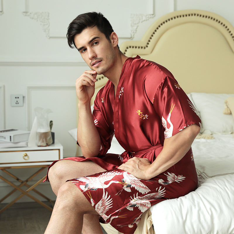 Mid-length Printed Artificial Silk Nightgown - Men's Groom Best Man Morning Gowns Sexy Pajamas