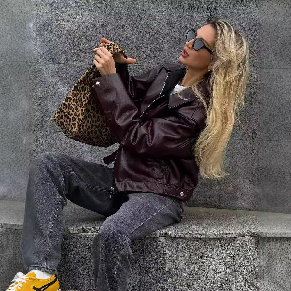 Lapel Zipper Leather Jacket - Fashion Casual Long Sleeve Leather Coat