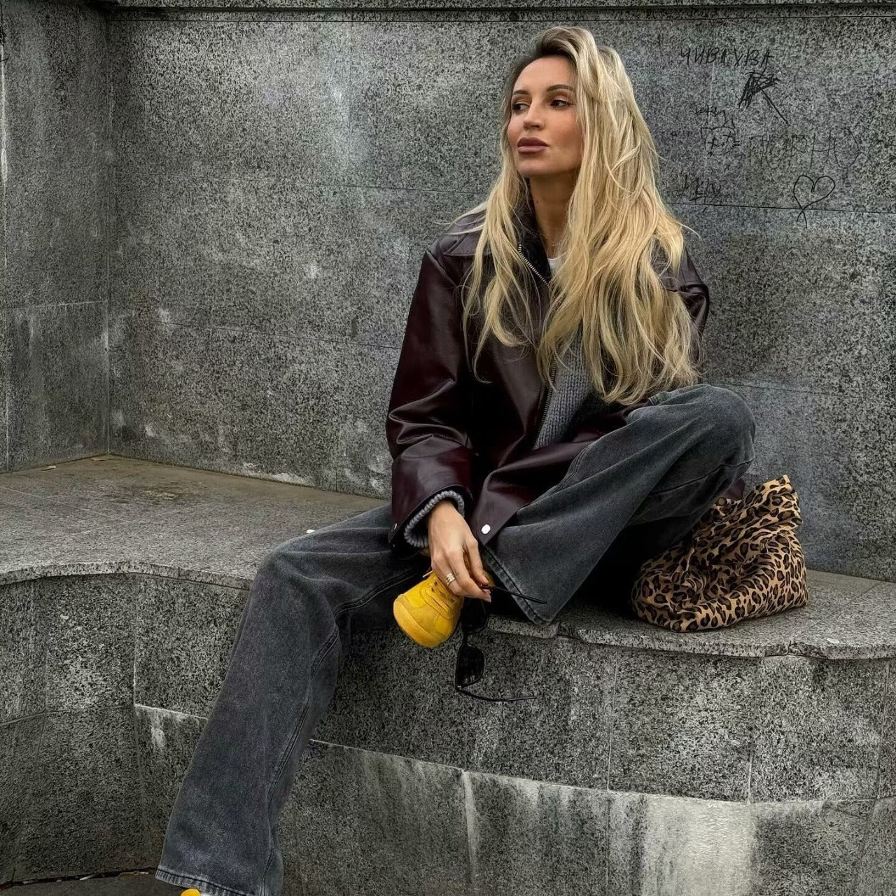 Lapel Zipper Leather Jacket - Fashion Casual Long Sleeve Leather Coat