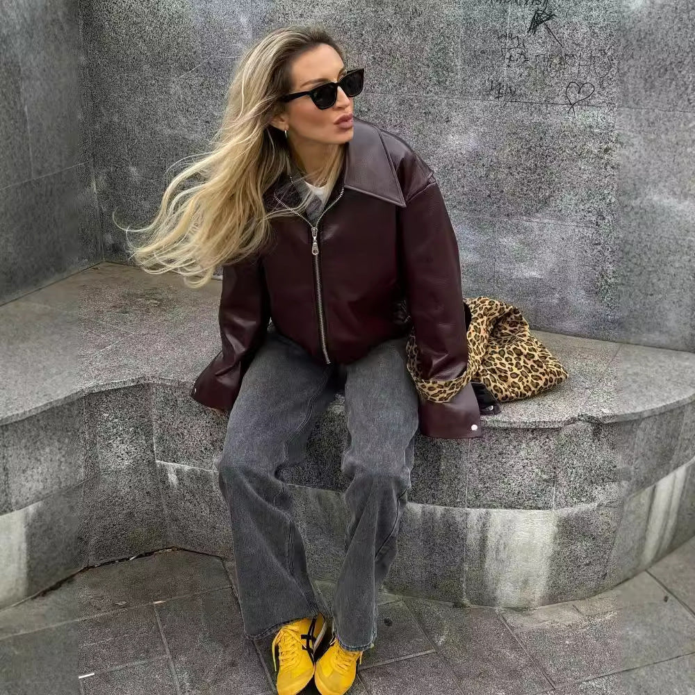 Lapel Zipper Leather Jacket - Fashion Casual Long Sleeve Leather Coat