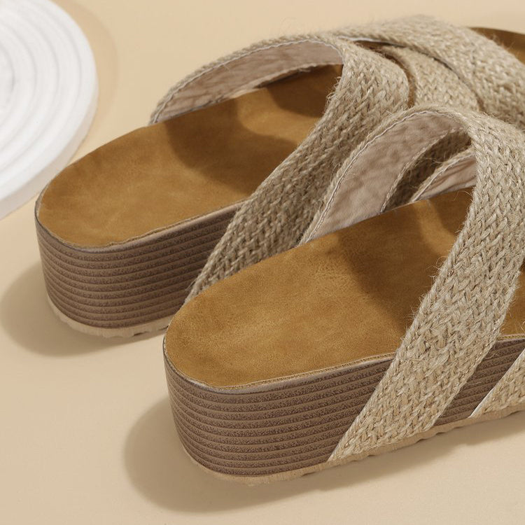 Woven Cross-strap Slippers - Summer Platform Sandals Women Flat Beach Shoes