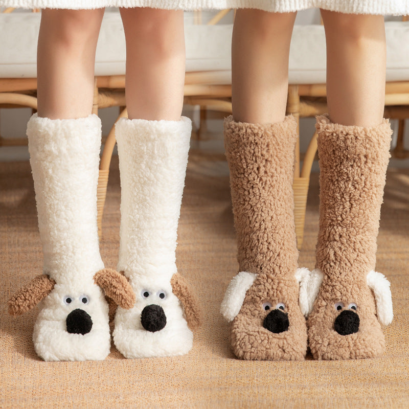Cute Cartoon Dog Floor Socks - Winter Warm Non-slip Plush Socks For Women