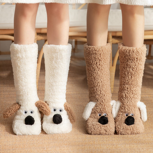 Cute Cartoon Dog Floor Socks - Winter Warm Non-slip Plush Socks For Women
