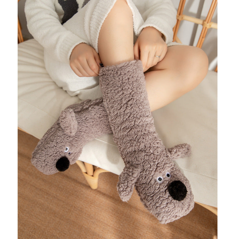 Cute Cartoon Dog Floor Socks - Winter Warm Non-slip Plush Socks For Women