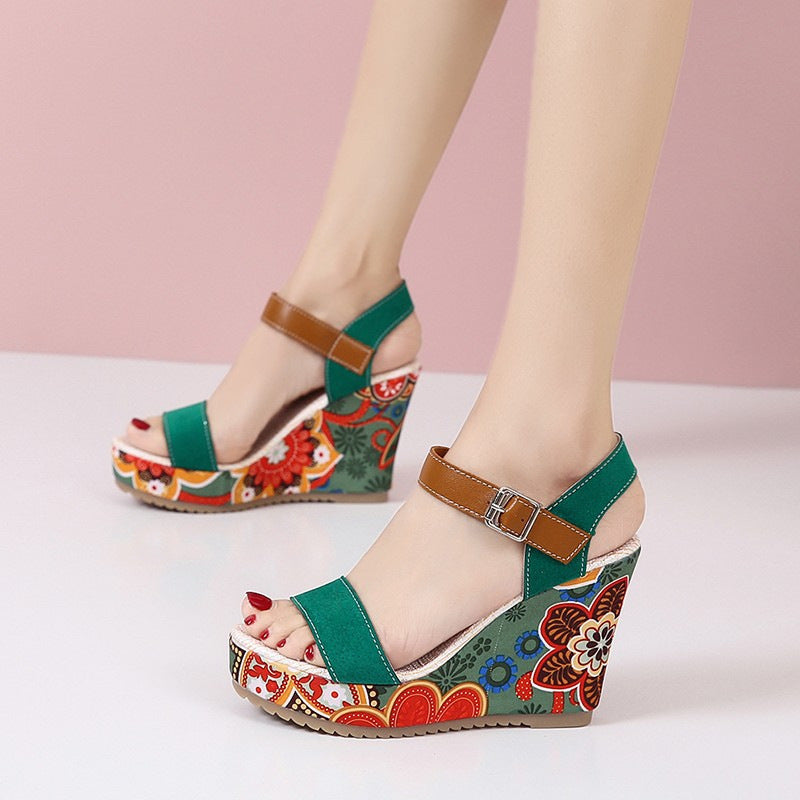 Fashion Flowers Embroidered High Wedge Sandals For Women - Summer Toe Platform Buckle Shoes