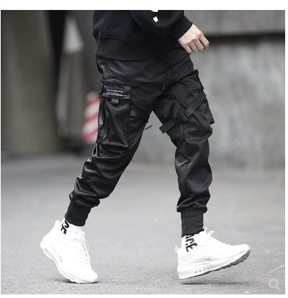 Men Black Hip Hop Cargo Pants - Elastic Waist Jogger Trousers, Sweatpants Pockets, Full Length Casual Fashion