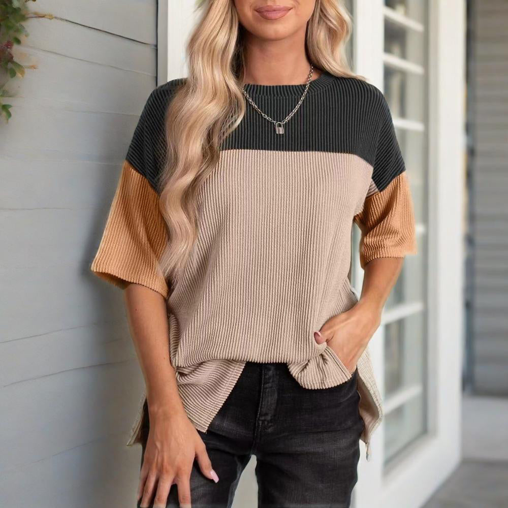 Women's Color Block Casual T-Shirt Short Sleeve Crew Neck Loose T-Shirt Top