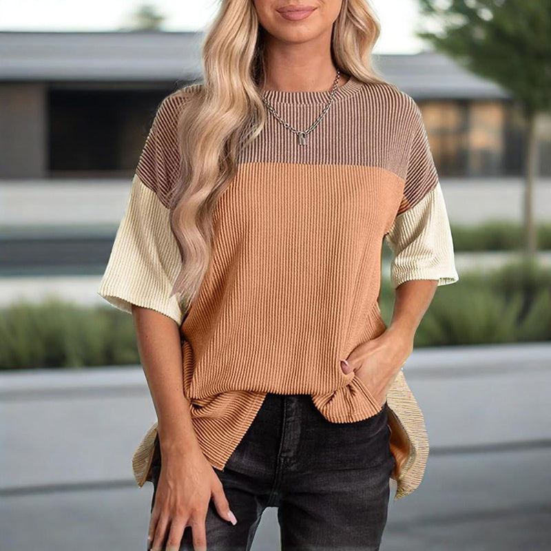 Women's Color Block Casual T-Shirt Short Sleeve Crew Neck Loose T-Shirt Top