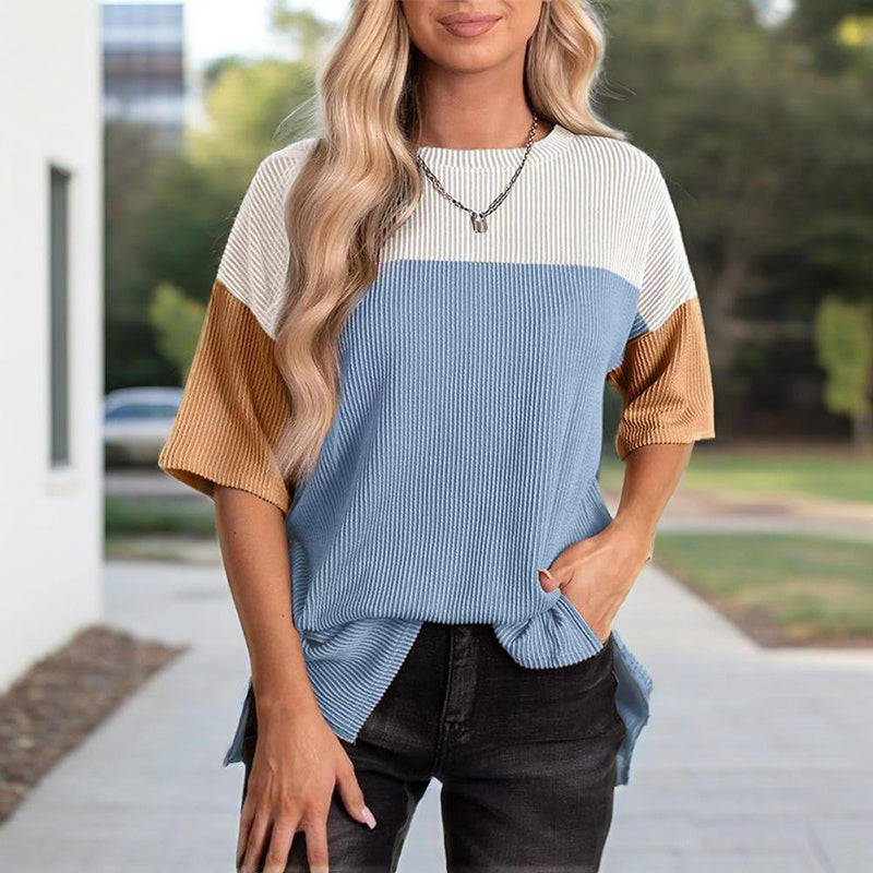 Women's Color Block Casual T-Shirt Short Sleeve Crew Neck Loose T-Shirt Top