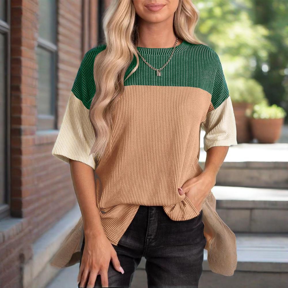 Women's Color Block Casual T-Shirt Short Sleeve Crew Neck Loose T-Shirt Top