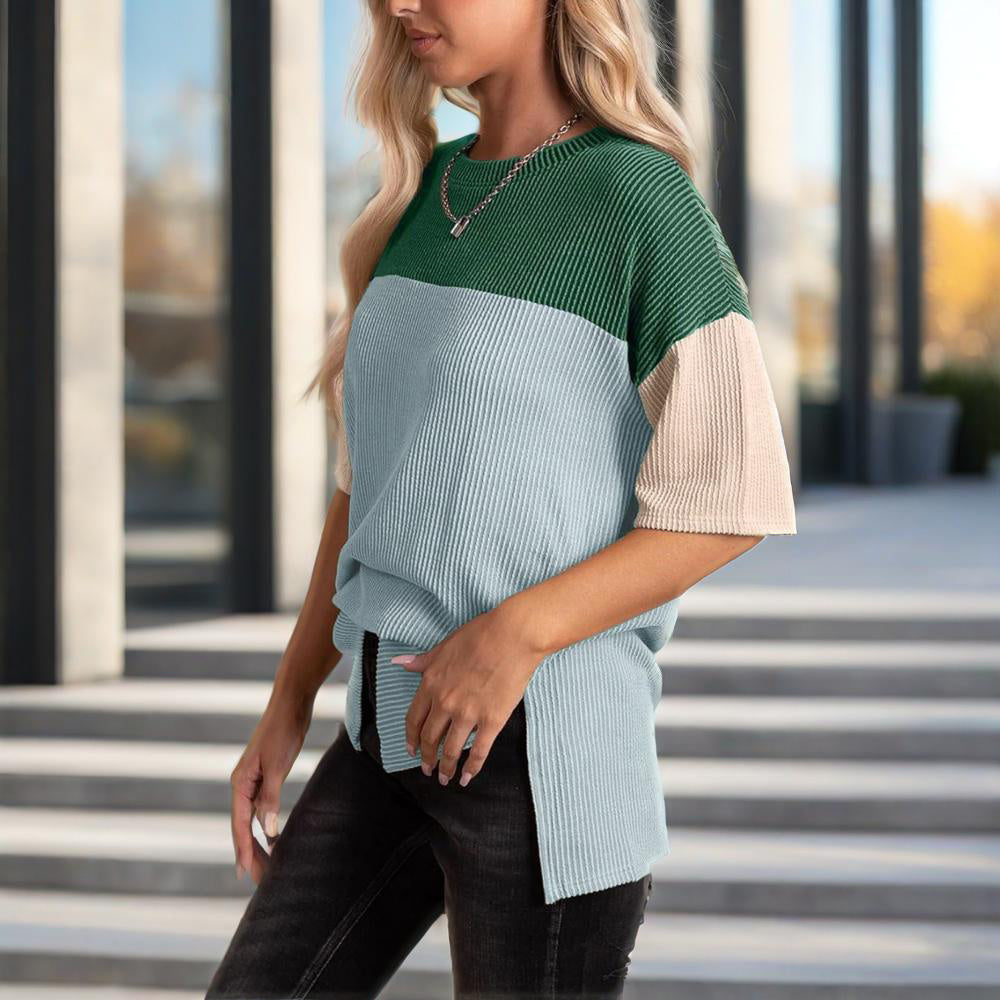 Women's Color Block Casual T-Shirt Short Sleeve Crew Neck Loose T-Shirt Top