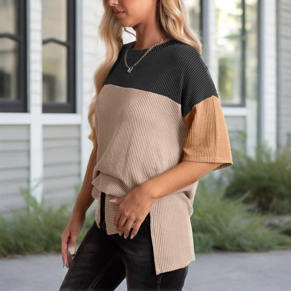 Women's Color Block Casual T-Shirt Short Sleeve Crew Neck Loose T-Shirt Top