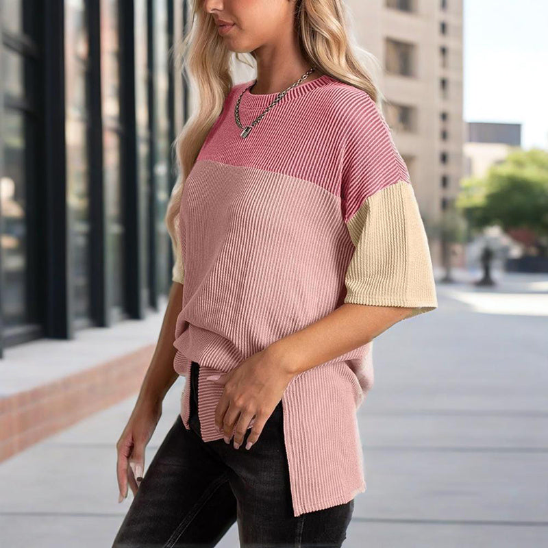 Women's Color Block Casual T-Shirt Short Sleeve Crew Neck Loose T-Shirt Top