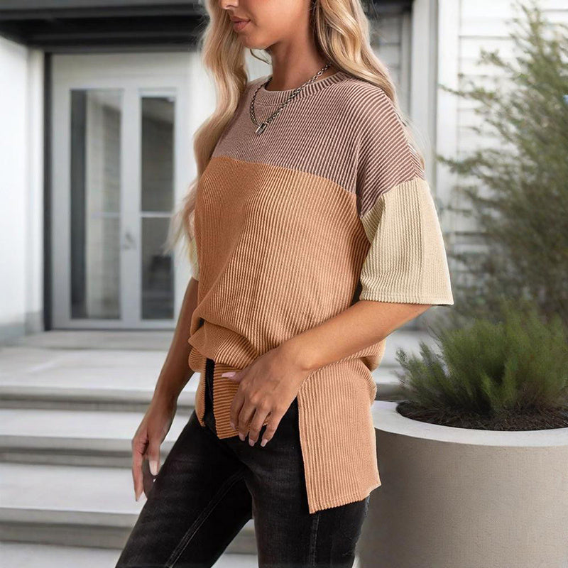 Women's Color Block Casual T-Shirt Short Sleeve Crew Neck Loose T-Shirt Top