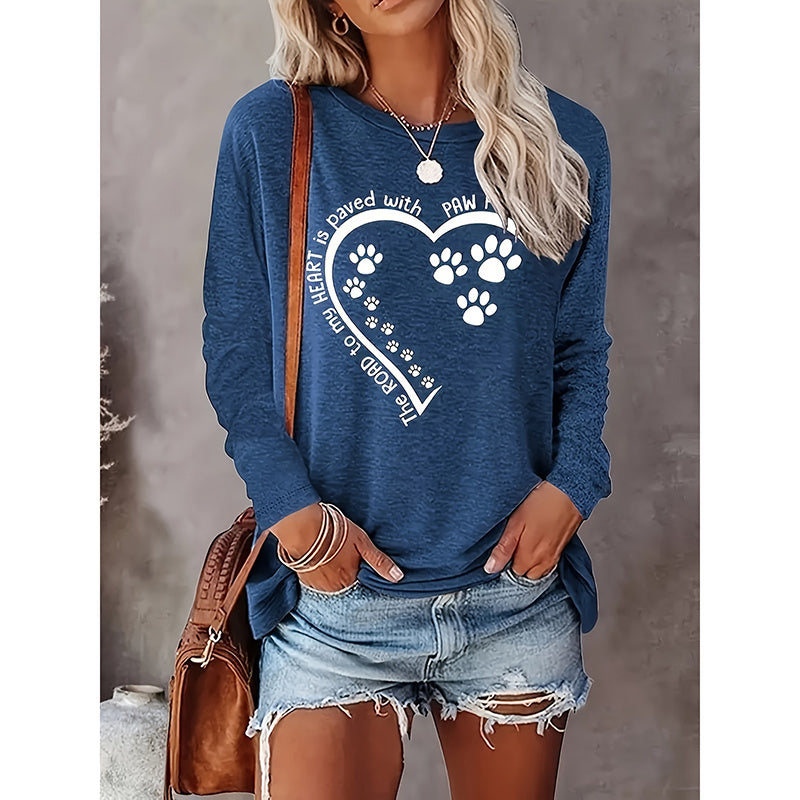 Dog Paw Love Heart Print T-Shirt- Women Long Sleeve Dog Mom Graphic Tees Tops Crewneck Shirts