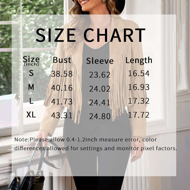Women's Notched Collar Open-Front Fringed Jacket Casual Faux Suede Tassel Motorcycle Cropped Jacket