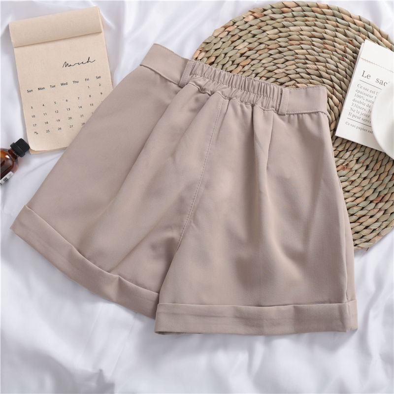 Solid Color Roll-up Wide-leg Casual Shorts