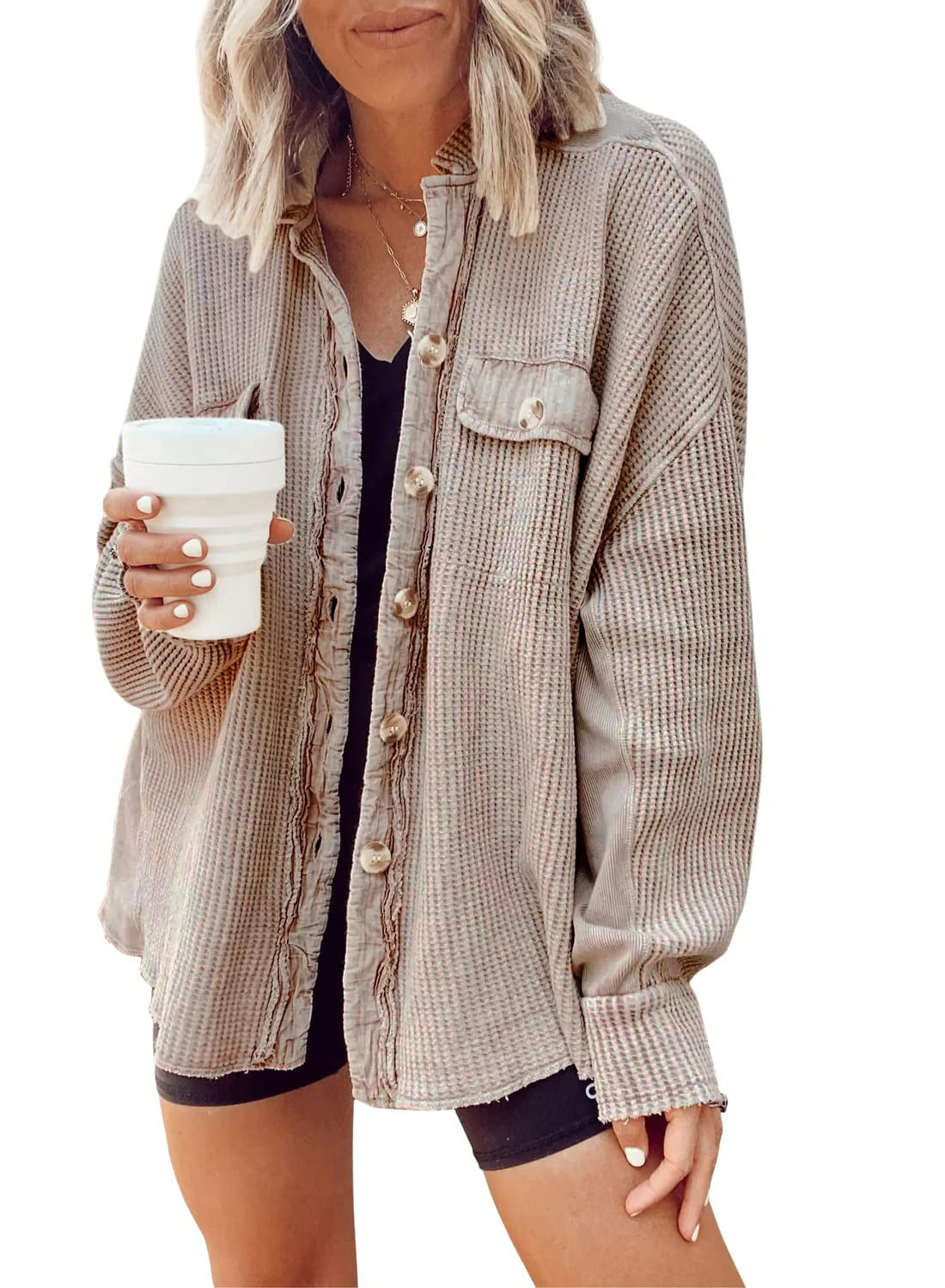 Women Button Shirt Jacket - Lapel Long Sleeve Fashion Jacket