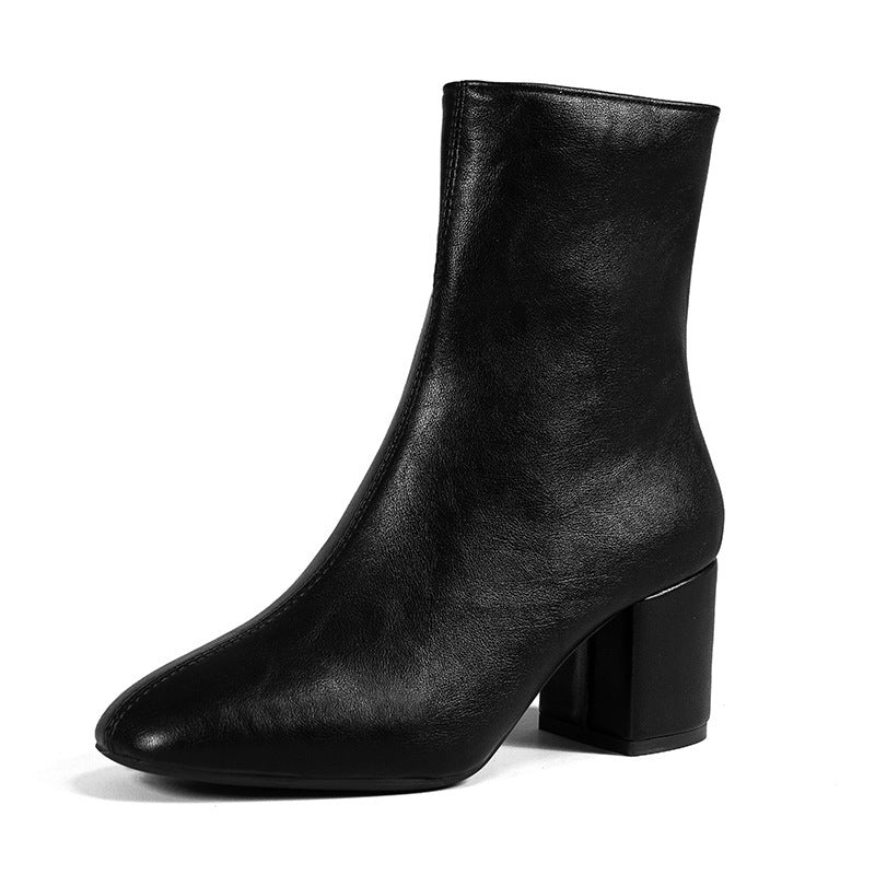 Chunky Heel Pointed Toe Boots With Side Zipper