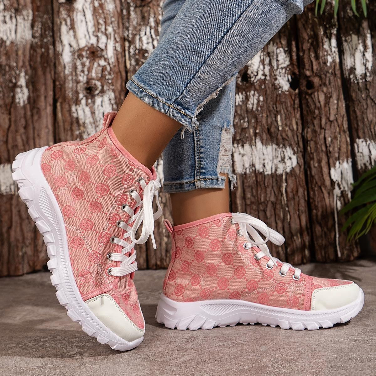 Rose-printed Lace-up Boots For Women