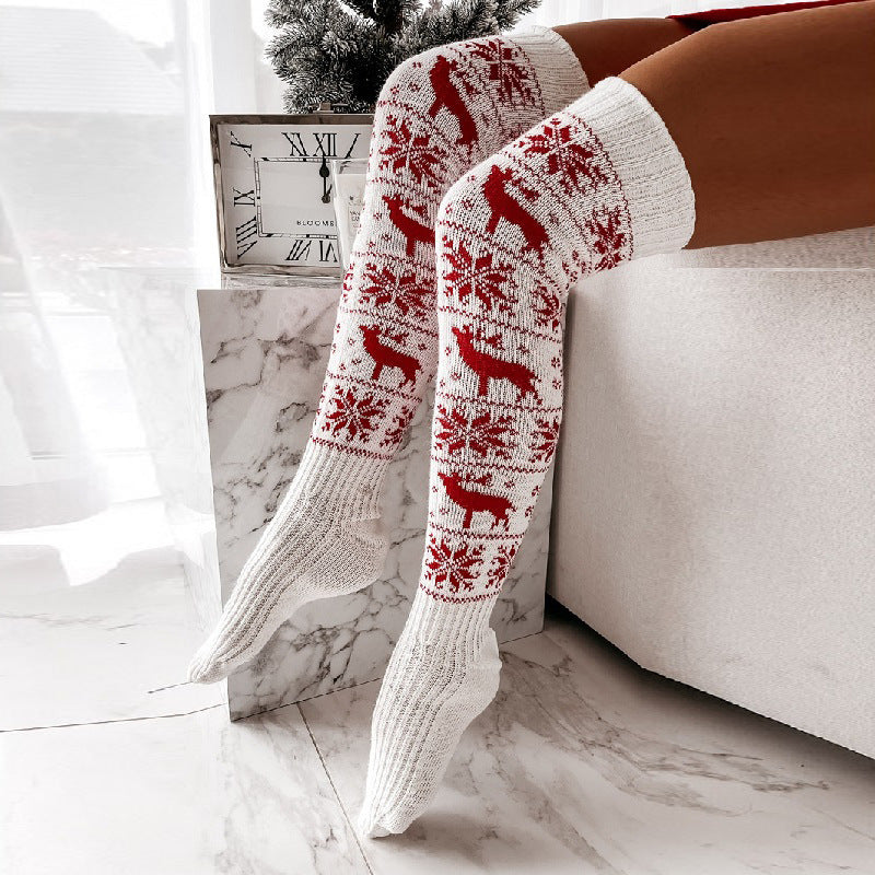 Winter Christmas Warm Knitted Women Stocking - Beautiful Elk Snowflake Jacquard Over-the-knee Casual Long Socks For Ladies Gifts Free Size