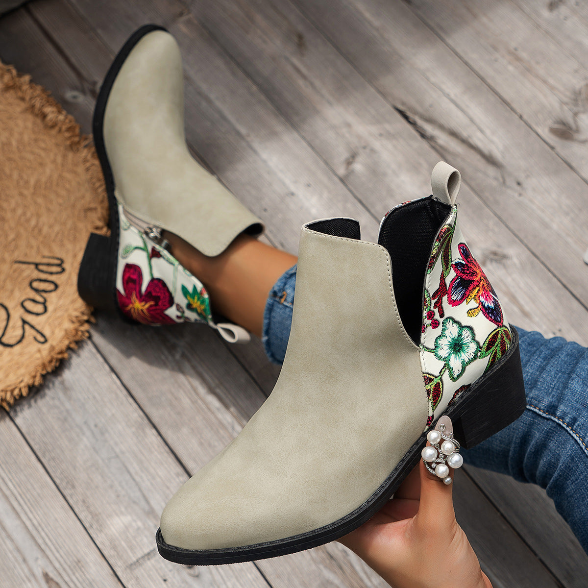 Flower-Printed Ankle Boots For Women