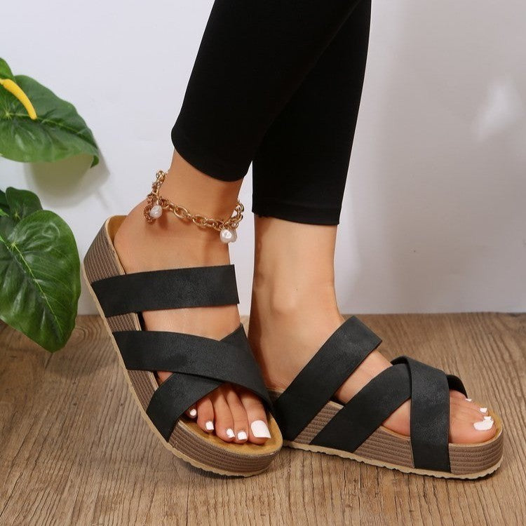 Woven Cross-strap Slippers - Summer Platform Sandals Women Flat Beach Shoes