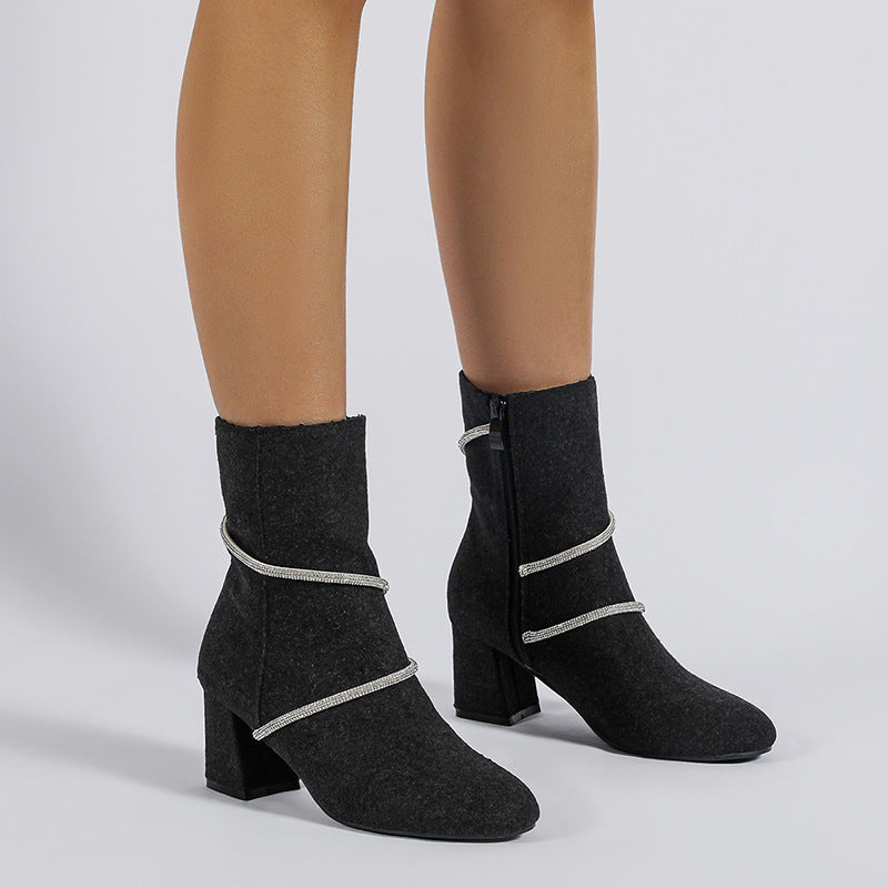 Chunky Mid-Heel Boots With Rhinestone Chain Design For Women