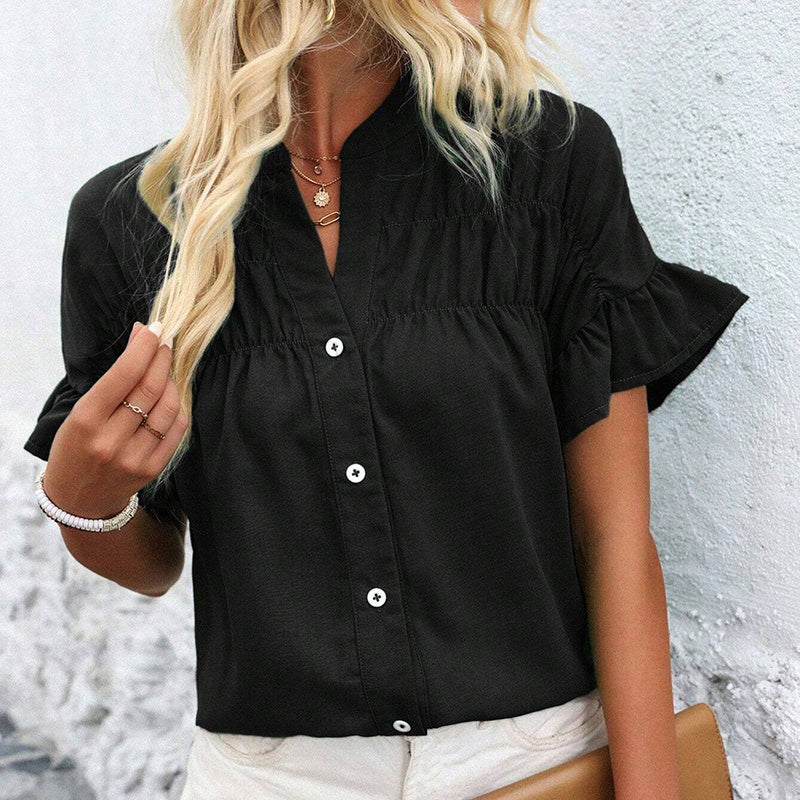 Womens Summer Ruffle Short Sleeve Button Down Shirts Dressy Casual V Neck Business Work Blouses