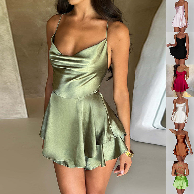 Elegant Suspender Slim Strap Satin Backless Lace Up A-Line Short Dress Lady
