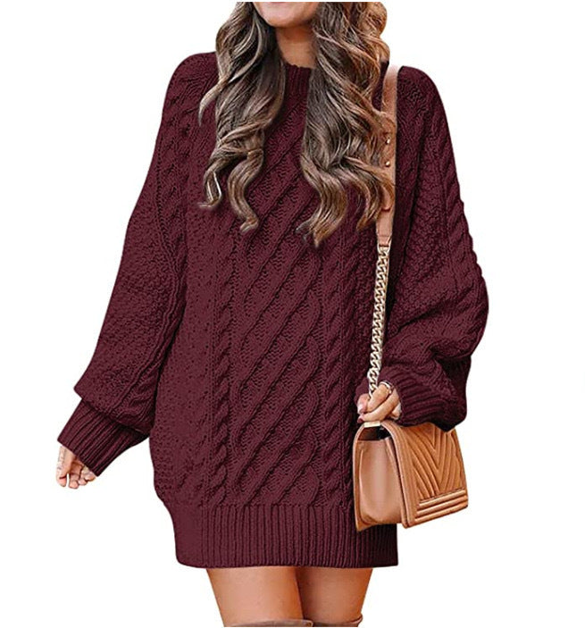 Women Round Neck Long Sleeve Twisted Knitted Sweater - Mid-length Dress Sweater