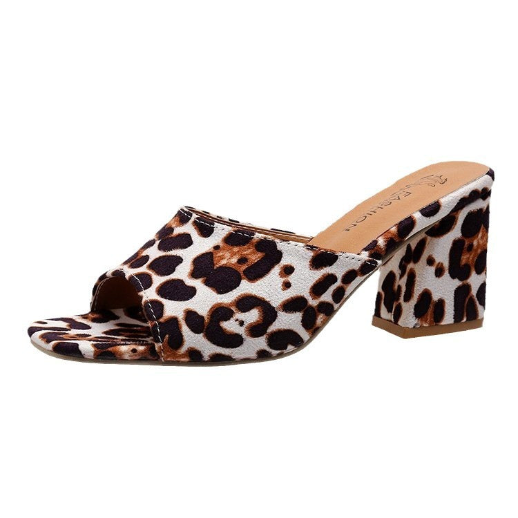 Leopard Square Toe Sandals -- Summer High-heeled Slippers Chunky Heel Shoes For Women