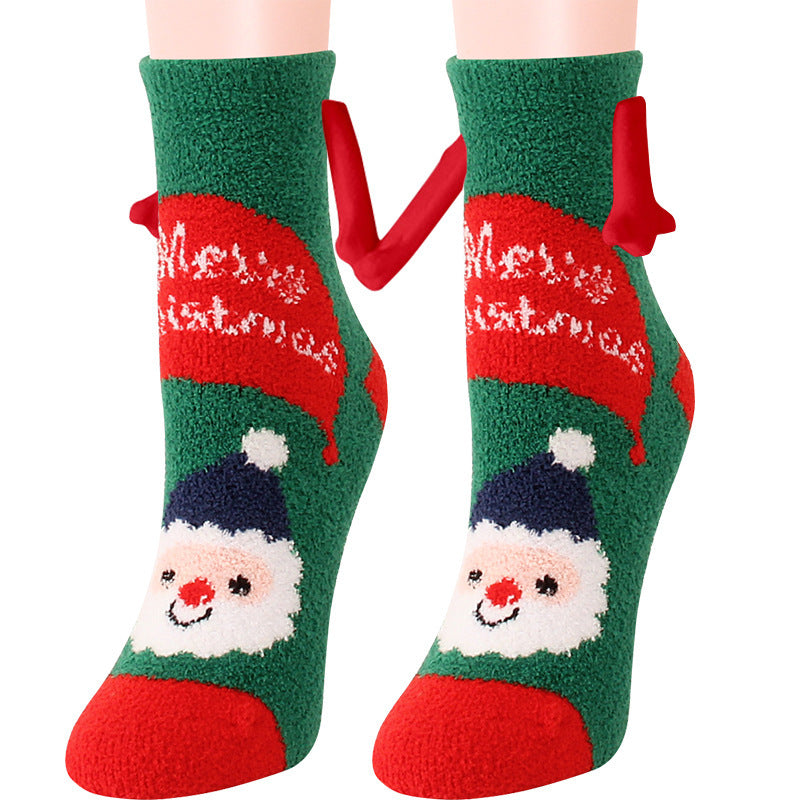 Christmas Supplies Magnetic Suction Hand In Hand Couple Socks - Coral Fleece Tube Socks Warm Slipper Bed Socks Winter Soft Warm Slipper