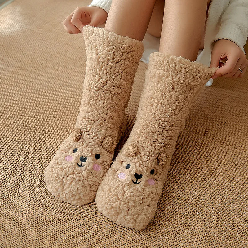 Cartoon Winter Thick Polyester Fleece Fluffy Microfiber Women Fuzzy Socks - Funny Fuzzy Dog Slipper Socks For Women