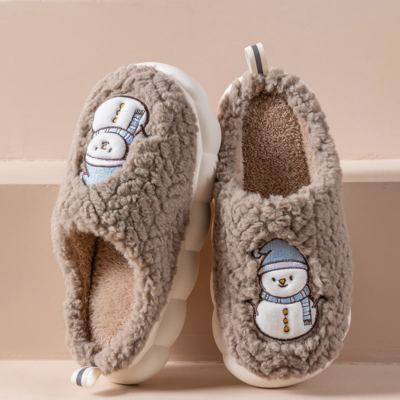 Cute Snowman Slippers -- Winter Indoor Household Warm Plush Thick-Soled Anti-slip Couple Home Slipper Soft Floor Bedroom House Shoes