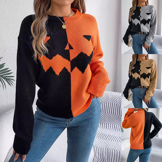 Halloween Contrast-color Pullover Sweater - Fashion Long Sleeve Knitted Tops For Womens Clothing