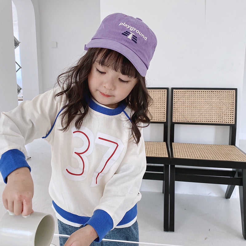 Children's Round Neck Sweater - Boy/Girl Number 37 letter Sweater, color matching Korean boys" sweater