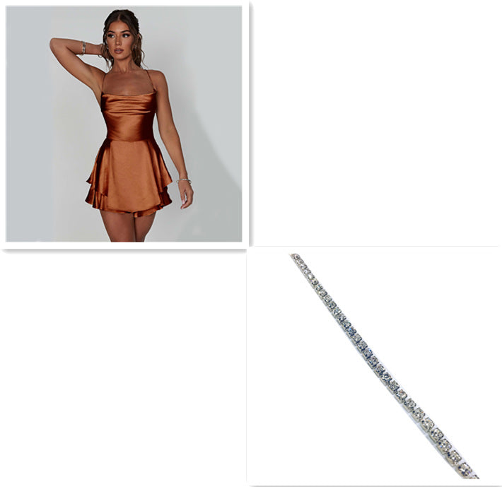 Elegant Suspender Slim Strap Satin Backless Lace Up A-Line Short Dress Lady