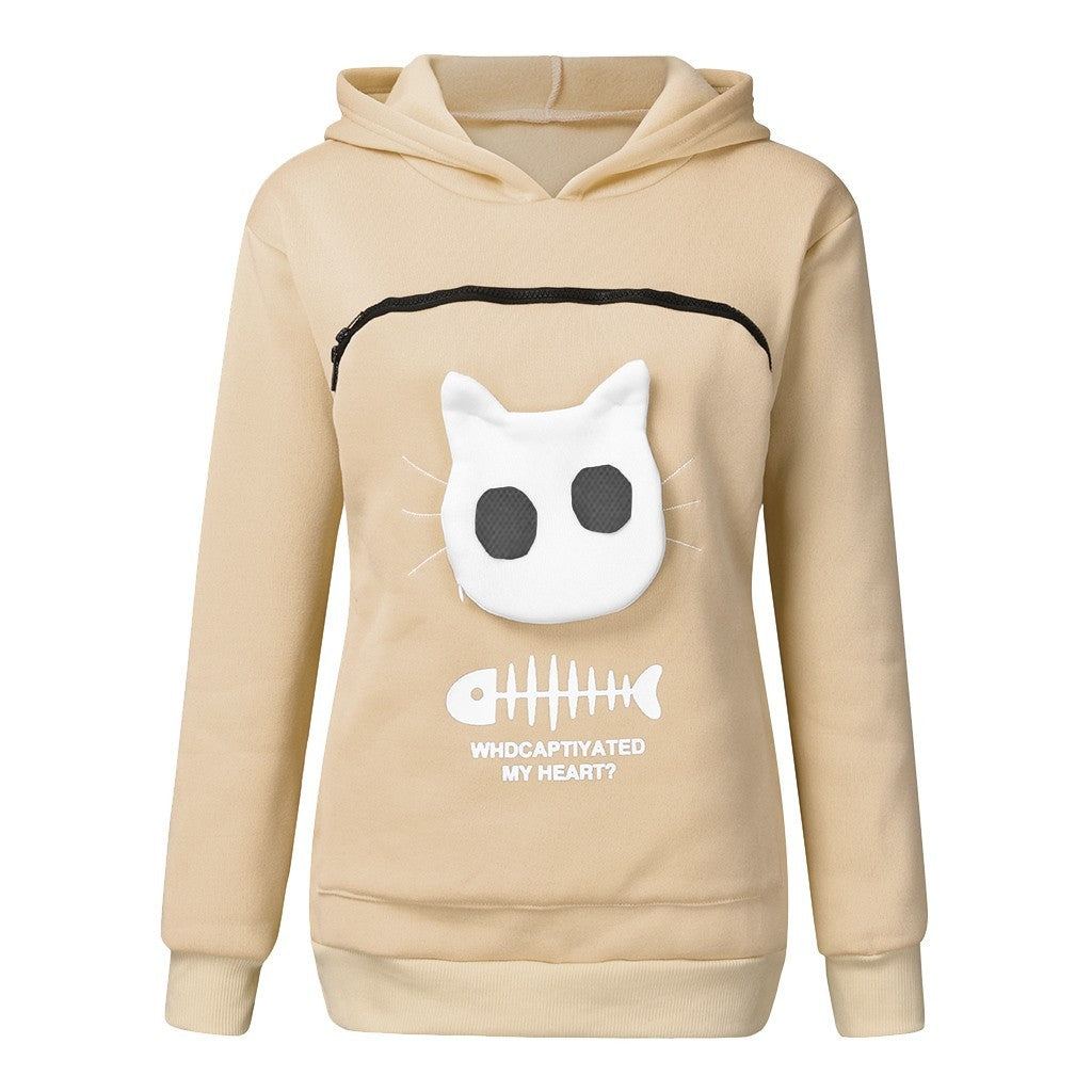 Women Hoodie Sweatshirt With Cat Pet Pocket Design - Long Sleeve Sweater Cat Outfit