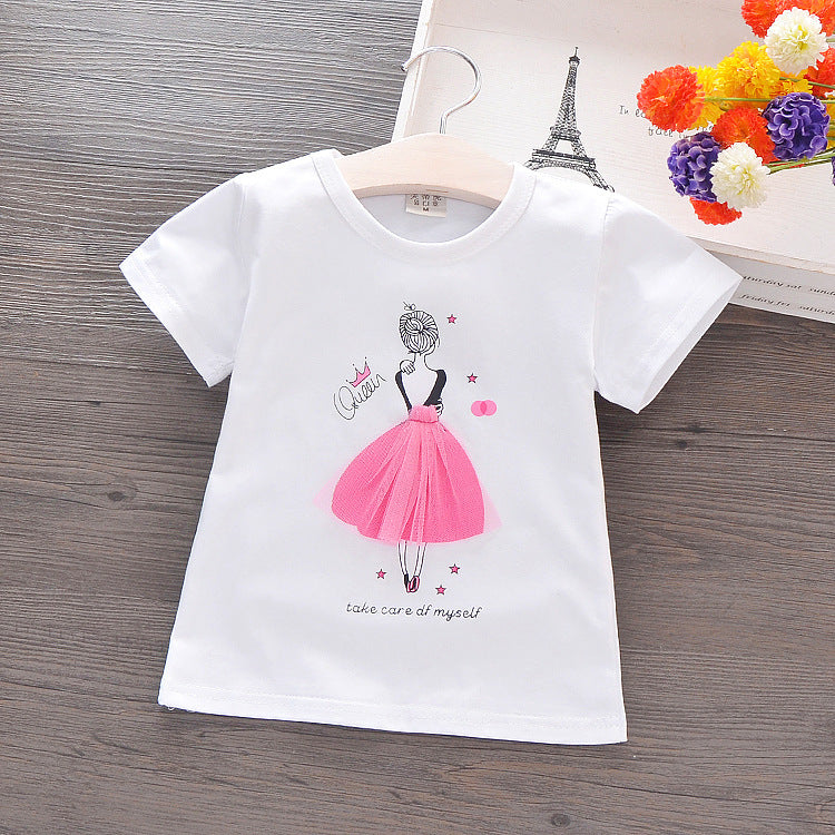 Solid Color Girl Printed T-Shirt - Summer Korean children's wear children's short-sleeved cotton T-shirt cartoon girls shirt small girl half-sleeved shirt